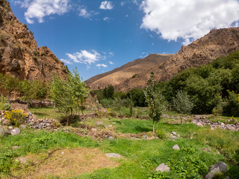 High Atlas Mountains against blue sky in Imlil, Morocco. Beautiful landscape of Nature in North Africa 