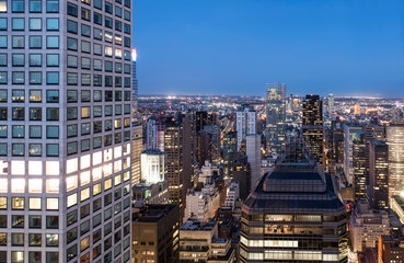 Aerial city view of manhattan at night. 