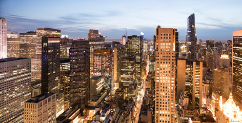 Aerial city view of manhattan at night. 