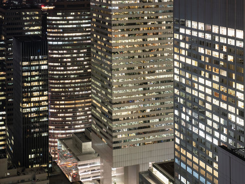 Aerial city view of manhattan at night. 