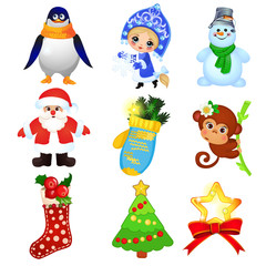 Set of attributes and symbols of New year isolated on white background. Santa Claus, holly. Sketch of Christmas festive poster, party invitation, holiday card. Vector cartoon close-up illustration.