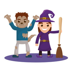 little kids with witch and werewolf costumes characters