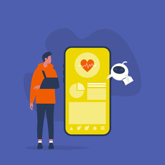 Online medical help. Cute robot demonstrating the interface of the mobile app. Health care. Artificial intelligence. Disabled male patient with a broken hand. Flat editable vector illustration