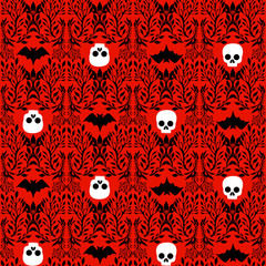 Seamless pattern in Victorian Gothic style with skull, bat, entwined in plants, isolated blood-red background. Halloween vector texture.