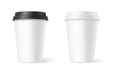 Realistic set paper coffee cups on white background. 3D vector mockup - stock vector.