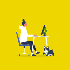 Animal friendly modern office. Pet at a workplace. Young female manager working on a computer. Flat editable vector illustration, clip art