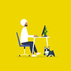 Animal friendly modern office. Pet at a workplace. Young indian male manager working on a computer. Flat editable vector illustration, clip art