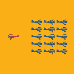 Think differently concept. Be different. Red airplane changing direction. New idea, change, trend, courage, creative solution, innovation and unique way concept.