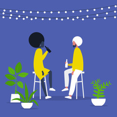 Weekend activities. Romantic date in a garden. Outdoor cafe terrace. String lights and plants. Hipster cafe. Summer. A couple drinking beverages. Flat editable vector illustration, clip art