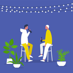 Weekend activities. Romantic date in a garden. Outdoor cafe terrace. String lights and plants. Hipster cafe. Summer. A couple drinking beverages. Flat editable vector illustration, clip art