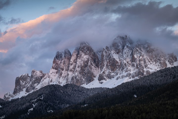 Beautiful sunset dolomites mountain peaks in Santa Maddalena in the Val di Funes in Italy