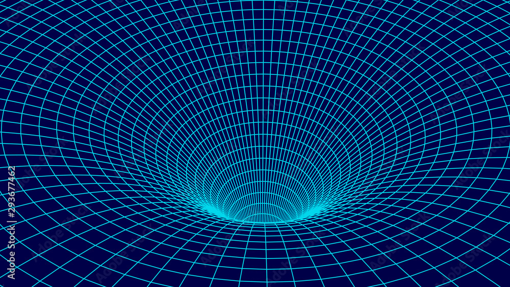 Poster tunnel or wormhole. wireframe 3d surface tunnel grid.