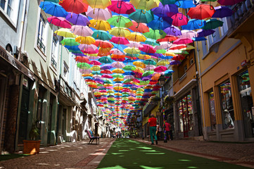 Colorful umbrellas in the streets of Agueda, Portugal