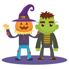 little kids with scarecrow pumpkin and frankenstein costumes characters