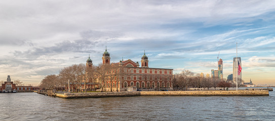 Ellis Island-New York City,  Immigration museum Daylight view with clouds in sky in background
