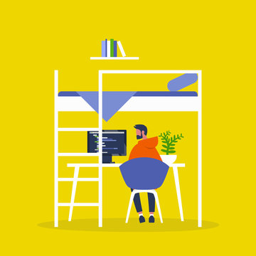 recommend clip art: Bunk bed and a desk. Home office. Freelancer lifestyle. Interior. Millennial. Flat editable vector illustration, clip art. Young male character working remotely