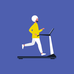 Young indian male character running on a treadmill. Gym. Sport. Active lifestyle. Flat editable vector illustration, clip art
