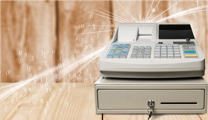 Cash register with LCD display on background