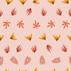 Fototapeta na wymiar Abstract stylized leaves seamless vector doodle background red orange yellow pink. Flowers and leaves repeating pattern in fall colors. Use for surface pattern design, fabric, Thanksgiving, home decor