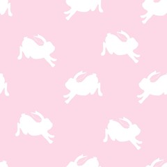 Seamless pattern with eggs, chickens and cute white rabbits. Vector illustration.