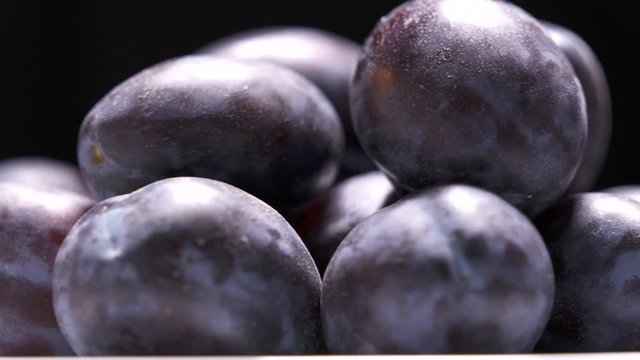 Fresh ripe damson plums on black background rotating close-up.