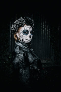 halloween dark gothic scary make up. Santa Muerte concept.