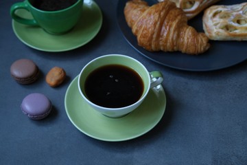 cup of coffee, croissant and apple pie 