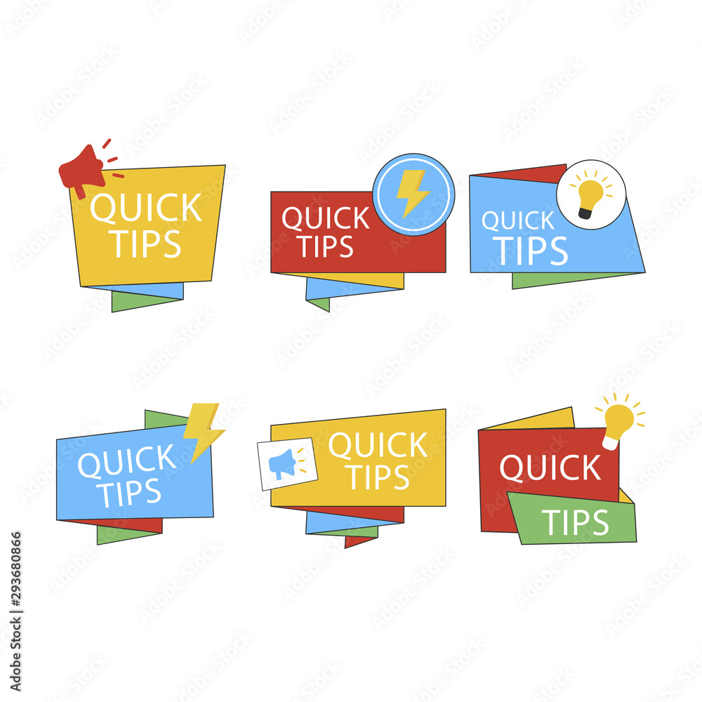 Wall mural quick tips mega set, helpful tricks vector logos, emblems and banners vector set isolated. helpful i