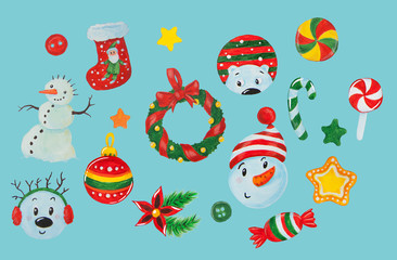 Fototapeta premium New Year and Christmas set with holiday decorations, snowmen, candy canes and stars. Acrylic. A set of pictures for advertising, banners, decor, textiles, packaging.
