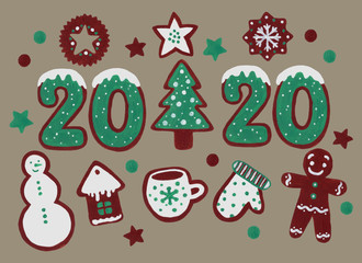 New Year and Christmas set with ginger cookies: house, cup, little man, Christmas tree, snowflakes, mittens, year 2020. Acrylic. A set of pictures for advertising, banners, decor, textiles, packaging.