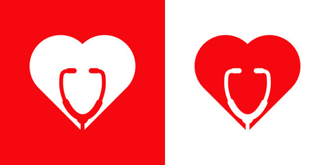 Logotipo con corazón con estetoscopio en espacio negativo en fondo blanco y fondo rojo