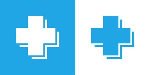 Fototapeta premium Símbolo asistencia sanitaria. Icono plano lineal cruz con sombra en fondo azul y fondo blanco