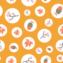 Scattered autumn elements in polka dots seamless vector background. Abstract fall pattern. Repeating texture Scandi leaves, acorn, maple, berry. Seasonal art for fabric, Thanksgiving, digital paper