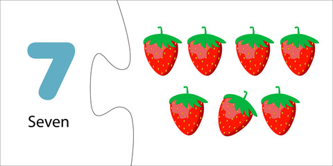 Number 7 and seven strawberries. Mathematics for children, preschoolers. Puzzle game, educational card