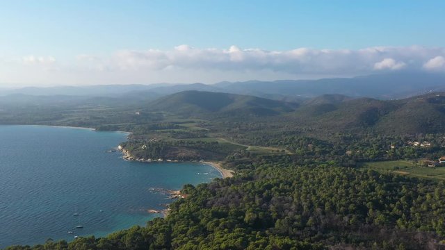 Panoramic view of bormes les mimosas coastline vineyards and mediterranean sea France 