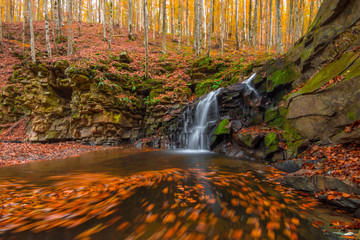 Autumn landscape with small waterfall and colorful leaves, in the forest.