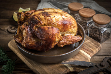 Roasted chicken on plate.