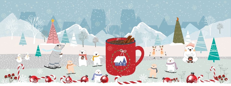 Vector landscape of Winter wonderland at night, Merry Christmas Scene with big mug of hot Chocolate with cinnamon, polar bear family celebrating, drinking coffee and playing ice skates in the park