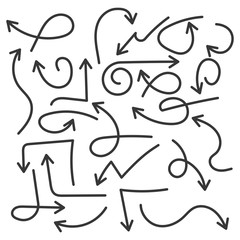 Set of black arrow signs. Flat arrows of various shapes. Vector.