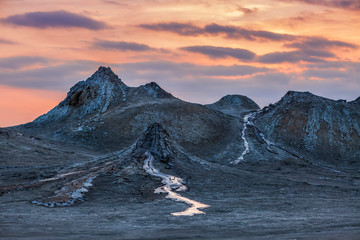 Sunset on the mud volcanoes in Gobustan desert, Azerbaijan