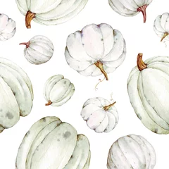 Wallpaper murals Watercolor set 1 Beautiful seamless pumpkins pattern on isolated white background. Watercolor illustration. Hand drawing. It is perfect for thanksgiving cards or posters, halloween 