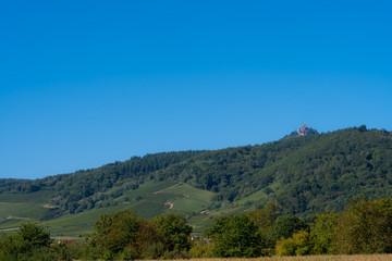 Fototapeta na wymiar Orschwiller, France - 09 19 2019: View of the hill of the castle of Haut-Koenigsbourg
