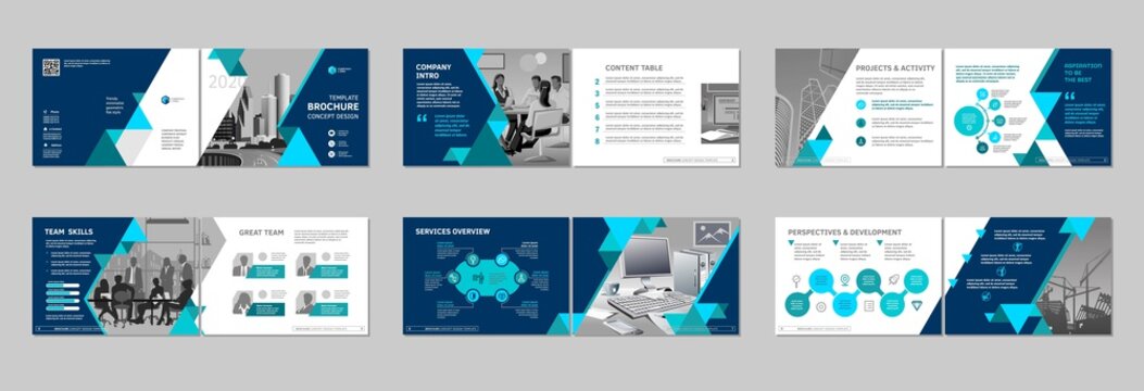 Brochure creative design. Multipurpose template, include cover, back and inside pages. Trendy minimalist flat geometric design. Horizontal landscape a4 format.