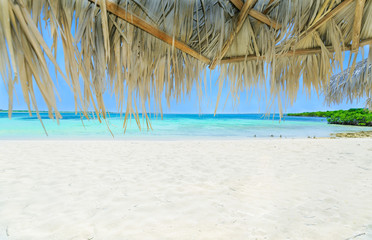 Fototapeta na wymiar relaxing amazing gorgeous view from palapa on white sand tropical beach toward tranquil turquoise inviting ocean at Las brujas Island, Cuba, on sunny summer great day