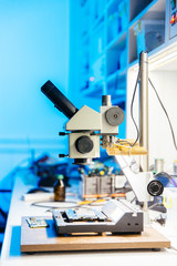 Microscope on desk in laboratory
