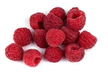 thirteen ripe, picked berries of raspberries, red, with villi, closeup isolated on a white background