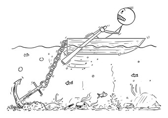 Vector cartoon stick figure drawing conceptual illustration of man or businessman rowing hard on small boat, but don't moving because of big anchor stuck on the seabed. © Zdenek Sasek