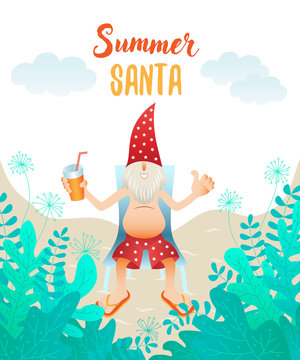 Cute christmas tanned character on the beach behind the foliage. Smiling Santa Claus sitting in chaise longue holds cocktail in shorts, flip-flop sandals and hat. Vector illustration, flat design