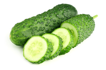 fresh cucumbers with slices isolated on white background