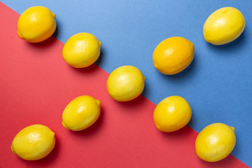 Lemons on the bicolor red and blue background. Flat lay citrus. Geometric concept.